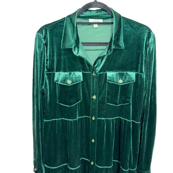 Umgee Royal Green Velour/Velvet Long Sleeve Button Down Collared Dress Sz M - Picture 2 of 10